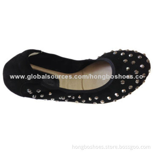 Women's Flat Dress Shoe, Plastic Studs on Upper, Round Toe, Dress Insole, Flat Outsole